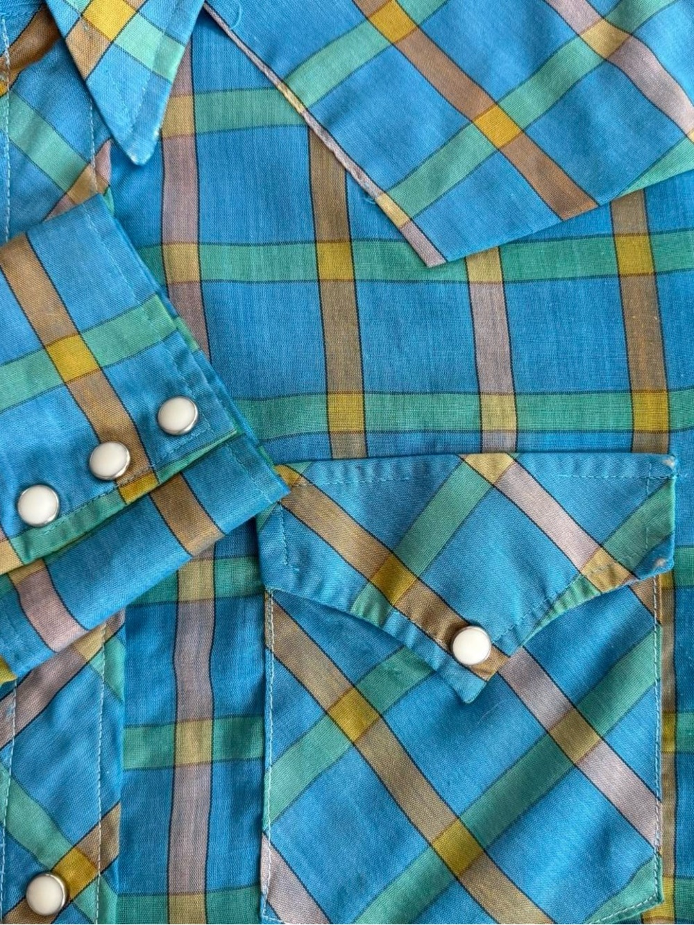 💀 SOLD 💀 Vintage 60s 70s Blue Plaid Pearl Snap Western Ely Plains ~ Size XL - Picture 7 of 8